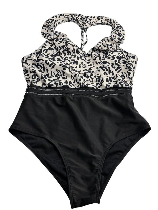 None Other - Leopard Print & Black Womens One-Piece Swimsuit XL Back Tie Halter Style